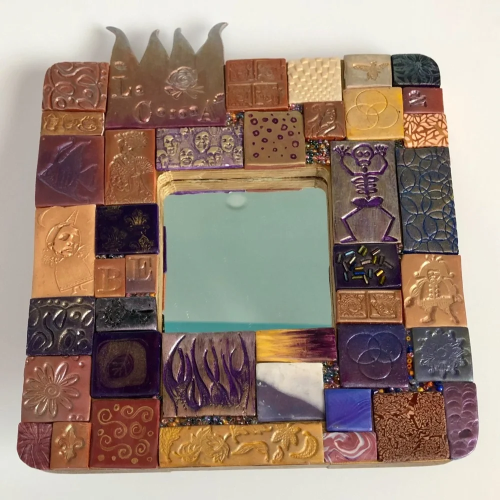 LA CORONA MIRROR Handmade Decorative Mixed Media Mosaic Tile Purple Terra Cotta